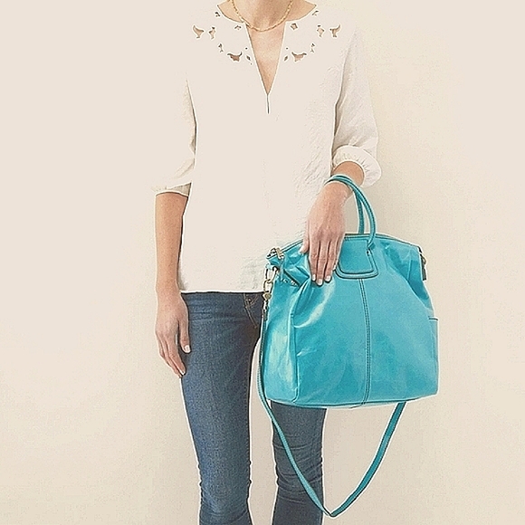 HOBO Iconic 'Sheila' Turquoise Large Leather Satchel with Wanderlust Lining - Picture 10 of 13